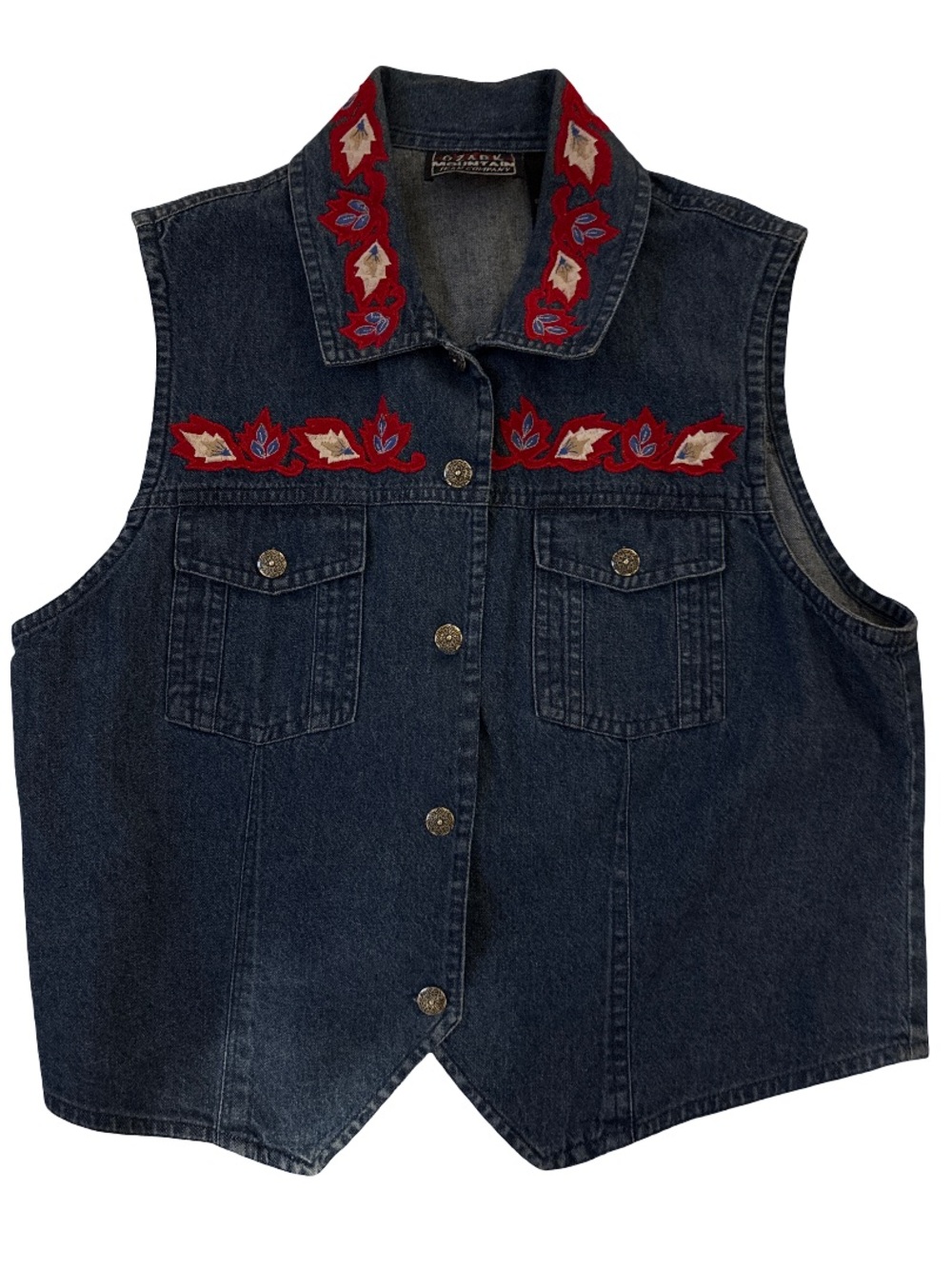 Vintage Embroidered Denim Vest - Red Accents